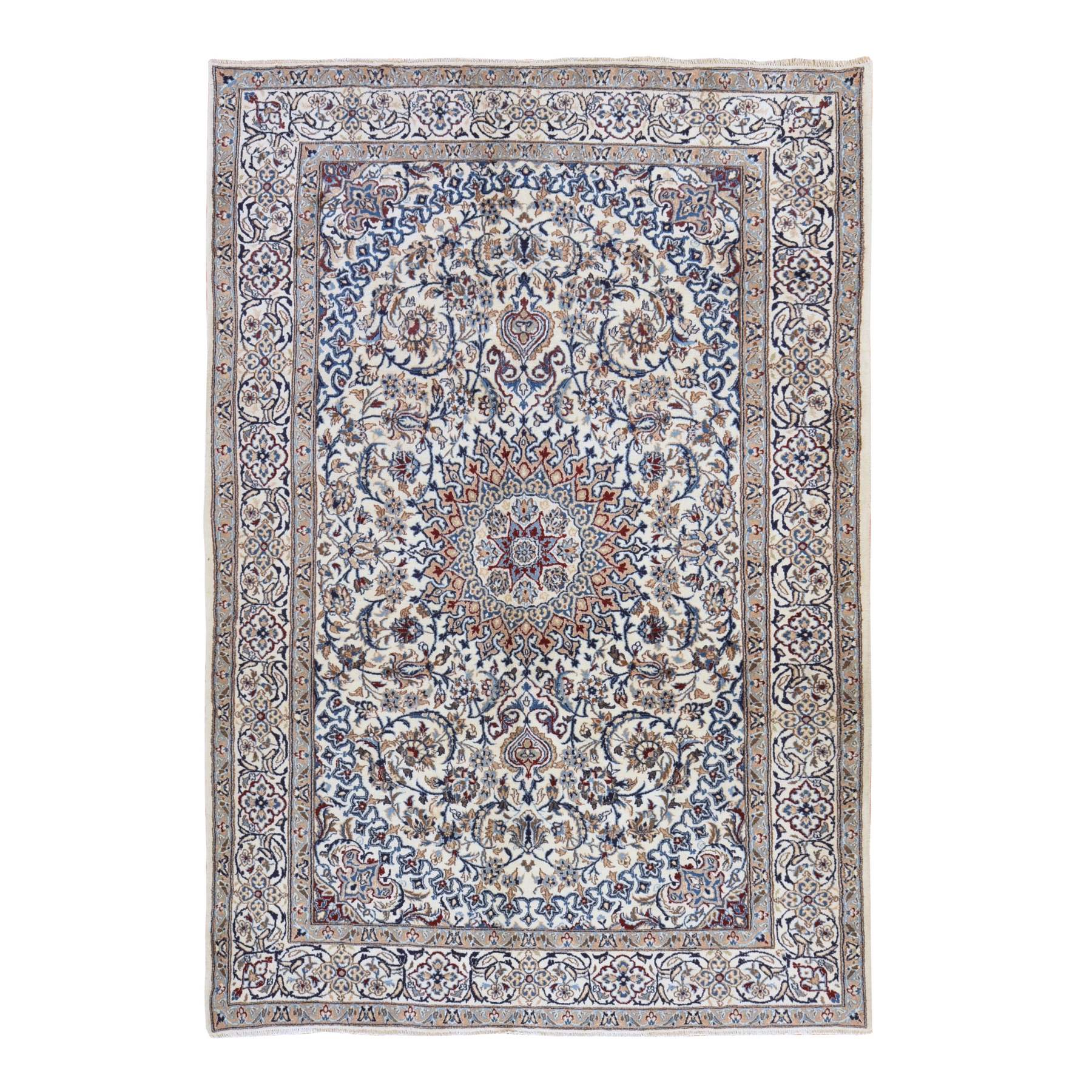 6'3"x9'6" Swan White, Vintage Persian Nain with Flower Medallion, 200 KPSI, Full Pile and Clean, Good Condition, Hand Knotted, 100% Wool, Oriental Rug 